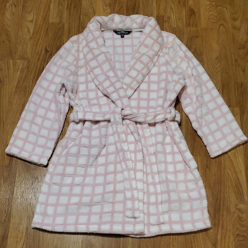 Noire Jasmine Rose Pink & White Windowpane Plush Short Robe Womens L